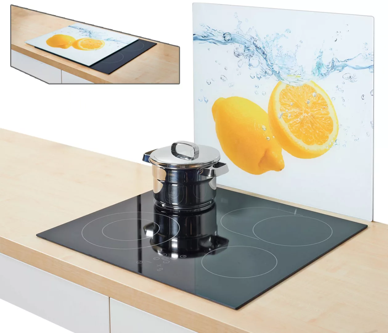 Zeller Herdblende-/Abdeckplatte Lemon Splash bunt Glas B/L: ca. 56x50 cm günstig online kaufen