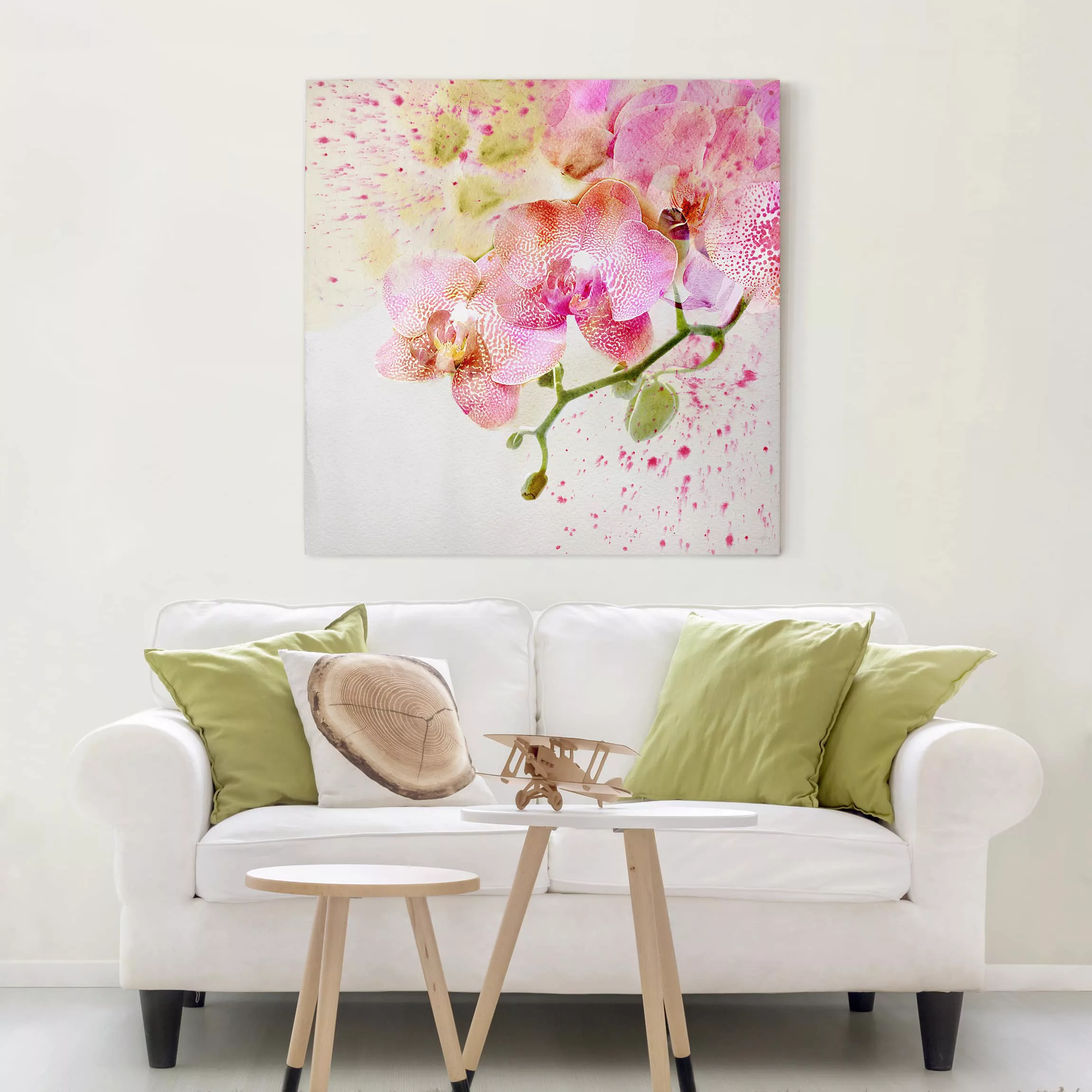 Leinwandbild Blumen - Quadrat Aquarell Blumen Orchideen günstig online kaufen