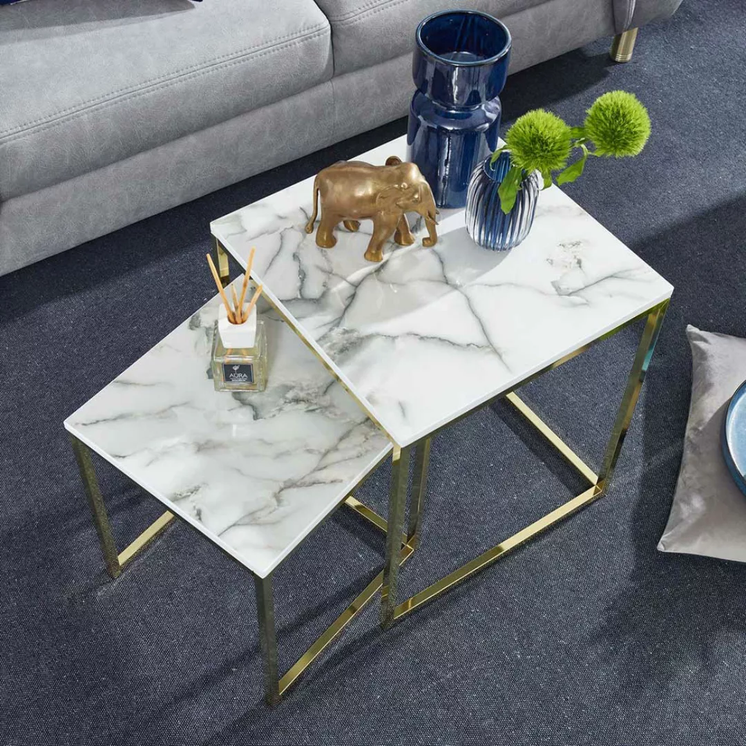 Beistelltisch Sofa Set in Weiß Marmor Optik Goldfarben (zweiteilig) günstig online kaufen