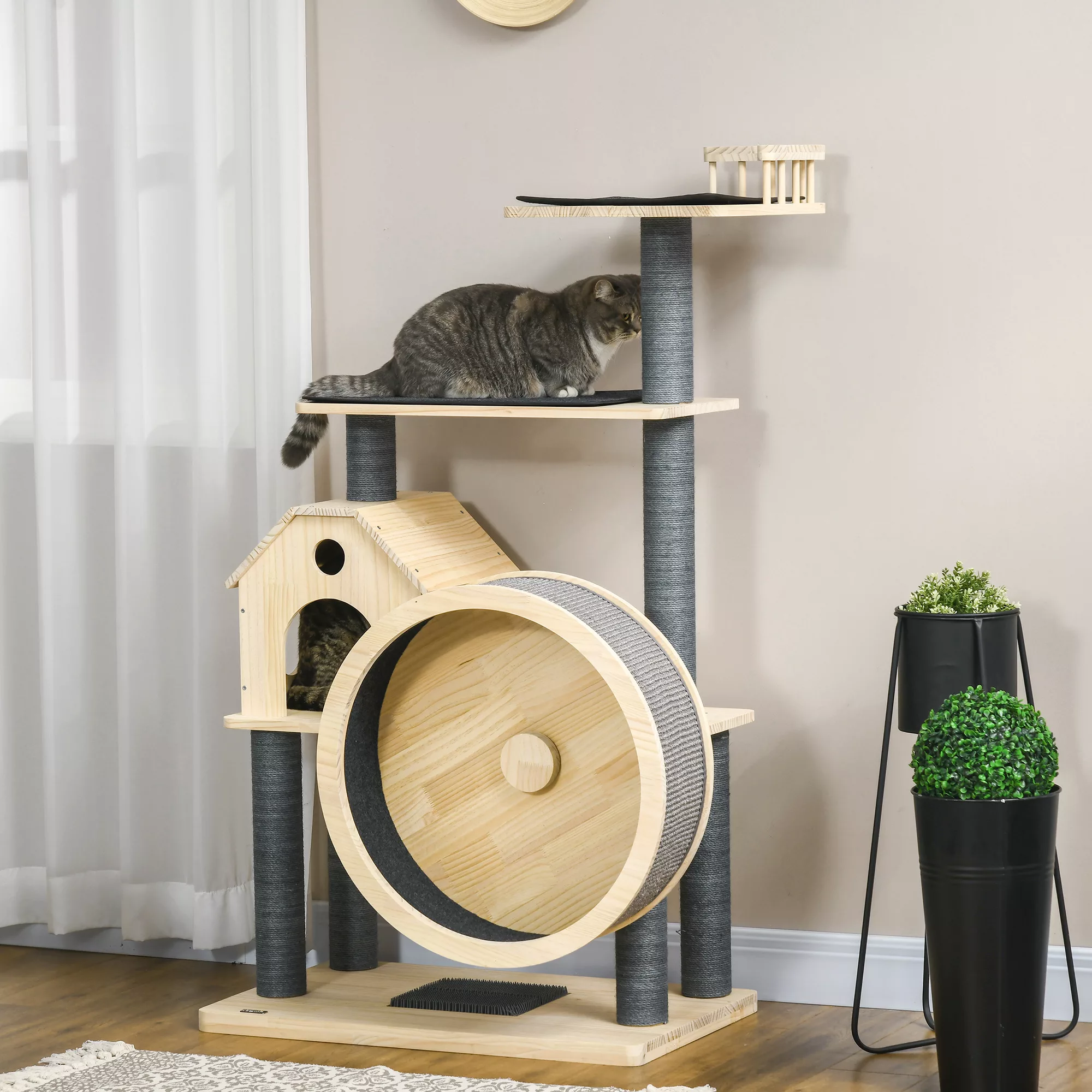 PawHut Kratzbaum Katzenhaus mit Laufrad 4 Etagen Sisalsäulen Katzenhöhle au günstig online kaufen