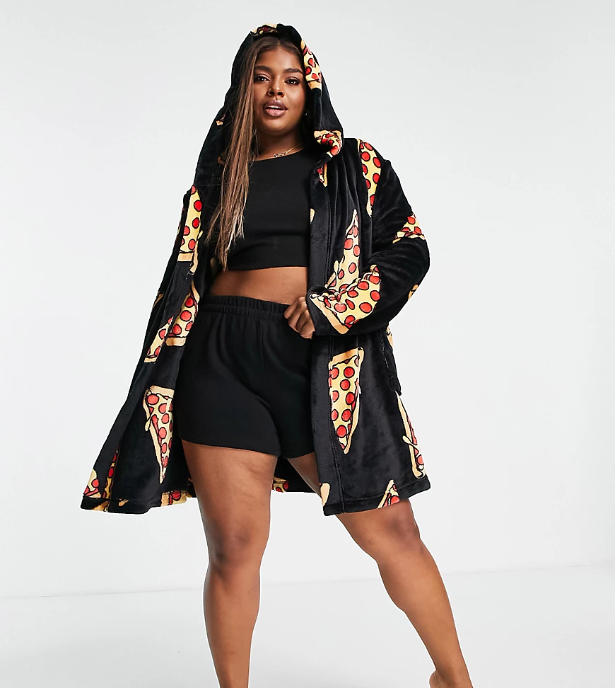 ASOS DESIGN Curve – Superweicher Fleece-Bademantel in Schwarz mit Pizza-Pri günstig online kaufen