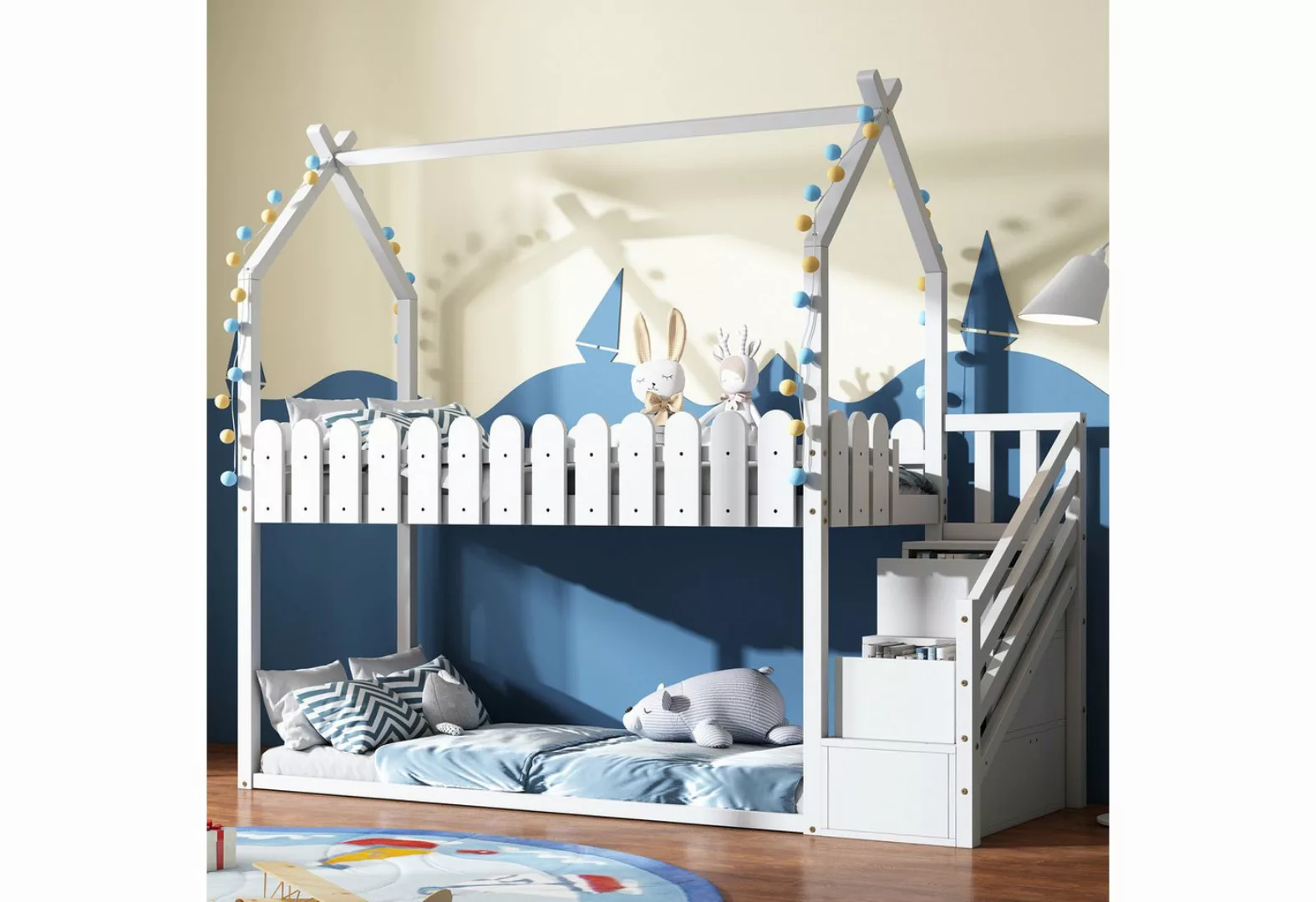 WISHDOR Kinderbett Jugendbett Doppelbett (ohne Matratze), mit 3 Treppe, mit günstig online kaufen