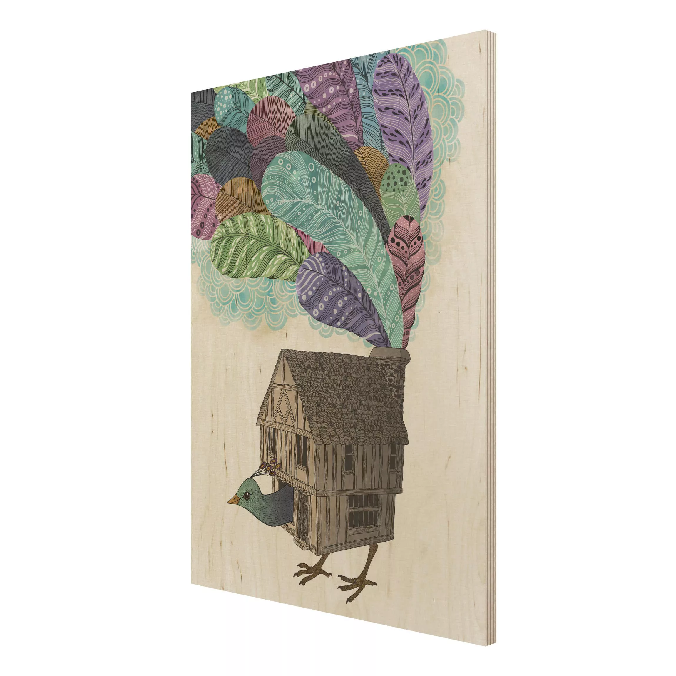 Holzbild Tiere - Hochformat 3:4 Illustration Vogel Haus mit Federn günstig online kaufen