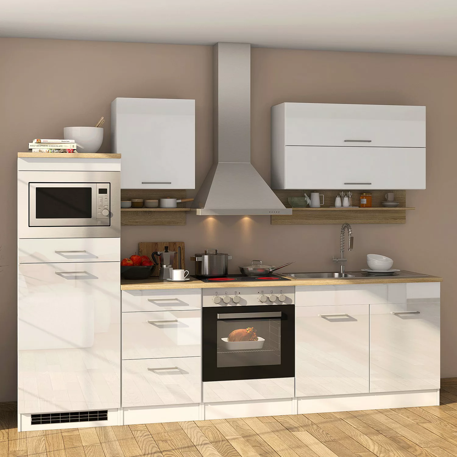 Held Möbel Küchenzeile Mailand 270 cm Grau Hochglanz-Grau Matt mit E-Geräte günstig online kaufen