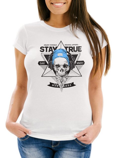 Neverless Print-Shirt Damen T-Shirt Totenkopf Kopfhörer Stay True Hipster S günstig online kaufen