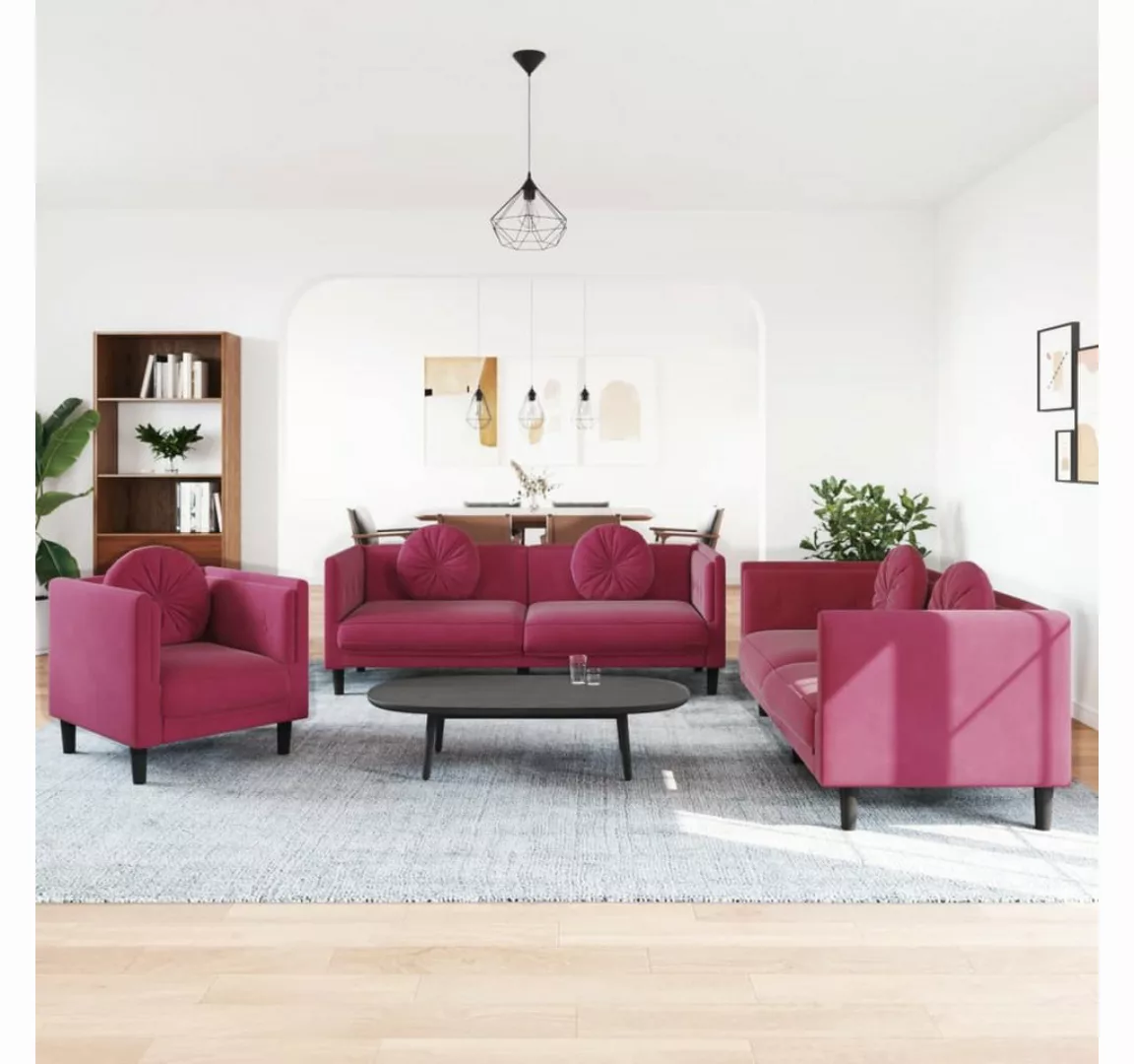 vidaXL Sofa Sofagarnitur Set mit Kissen Samt, 3-tlg., Rot günstig online kaufen