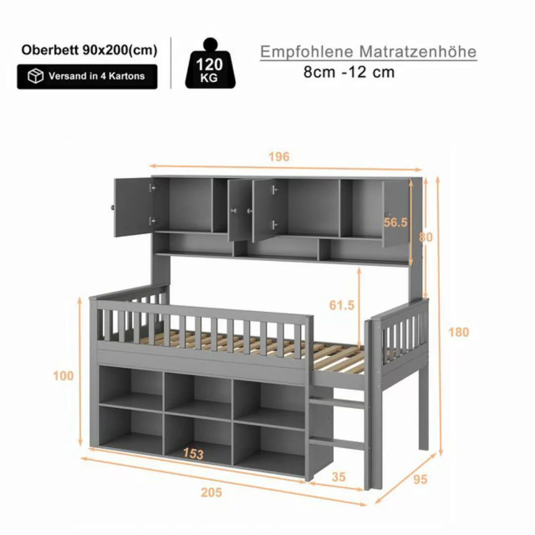 Flieks Kinderbett, Hochbett Holzbett Einzelbett 90x200cm mit Ablagefächer günstig online kaufen