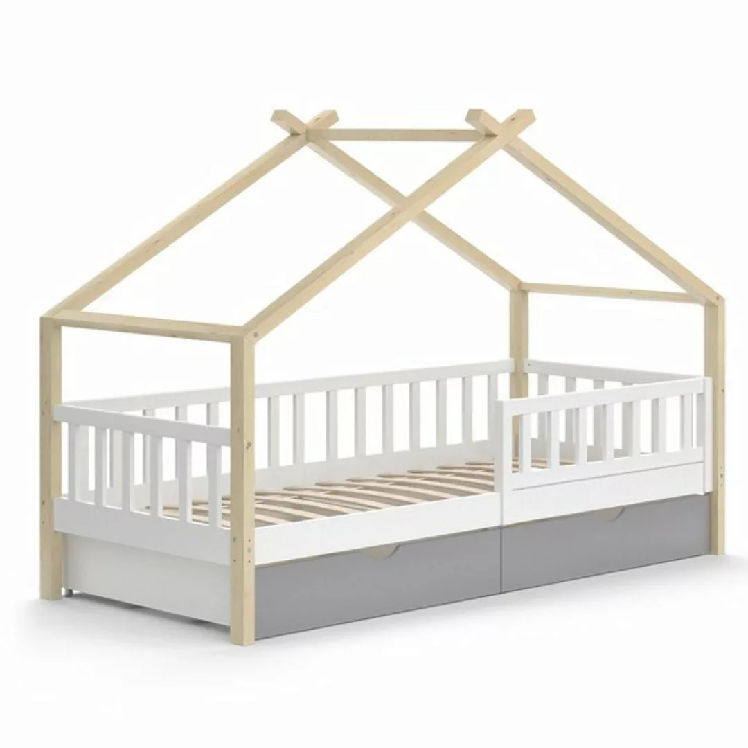 Vicco Kinderbett Hausbett Einzelbett 90x200cm DESIGN Natur Weiß günstig online kaufen