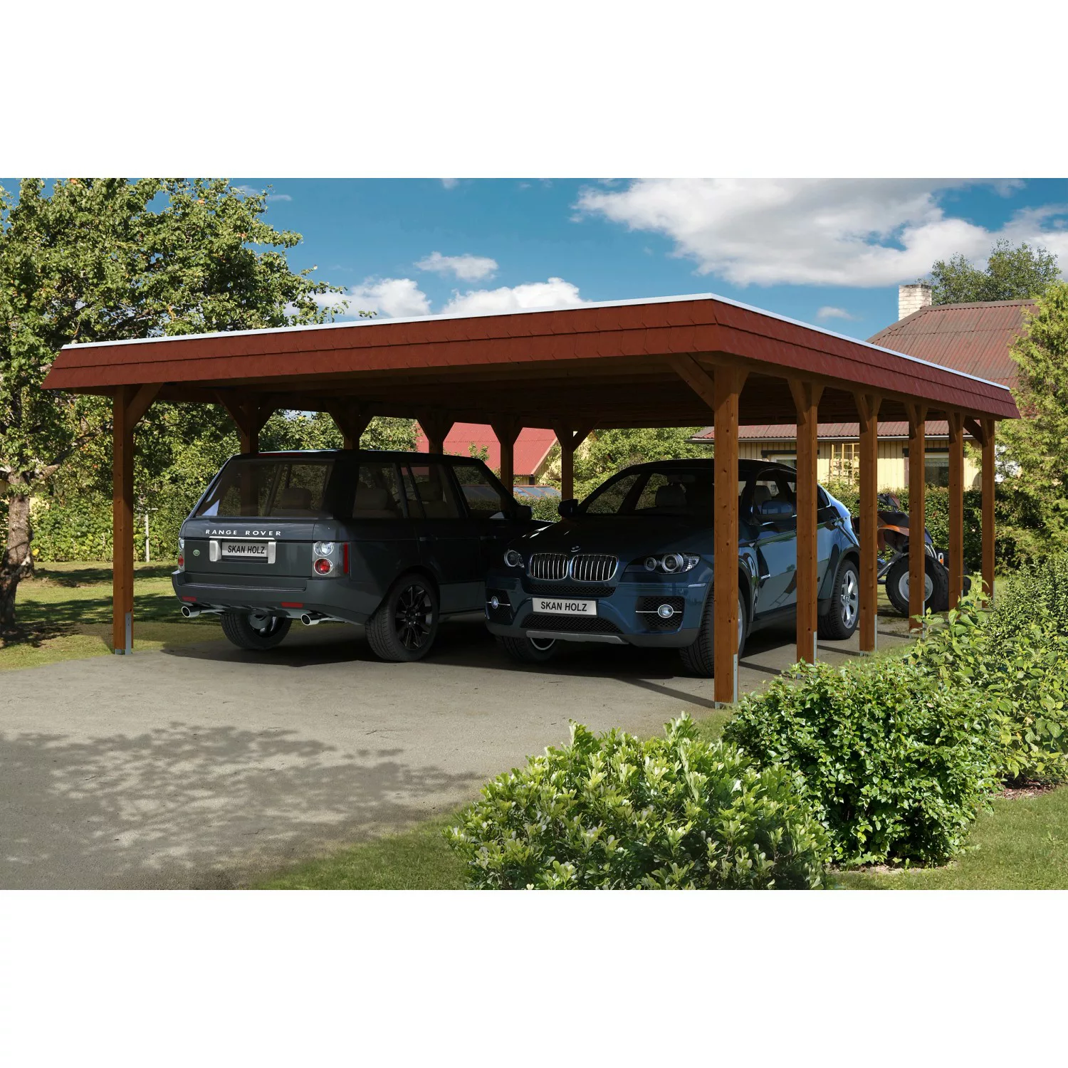 Skan Holz Carport Spreewald 585 cm x 893 cm Alu-Dach rote Blende Nussbaum günstig online kaufen