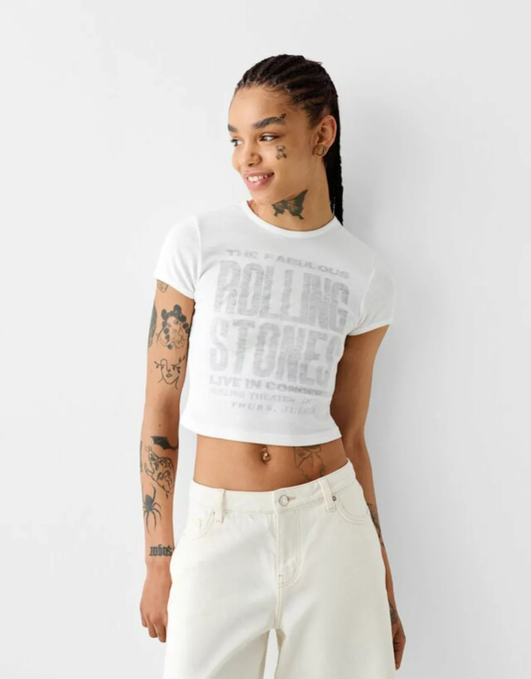 Bershka Kurzärmeliges Rolling Stones-T-Shirt Bskteen L Weiss günstig online kaufen