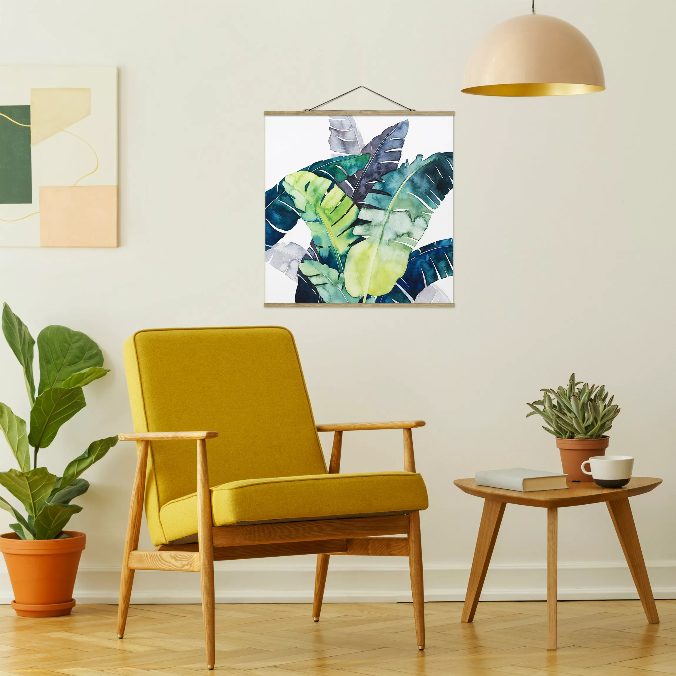 Stoffbild Blumen mit Posterleisten - Quadrat Exotisches Blattwerk - Banane günstig online kaufen