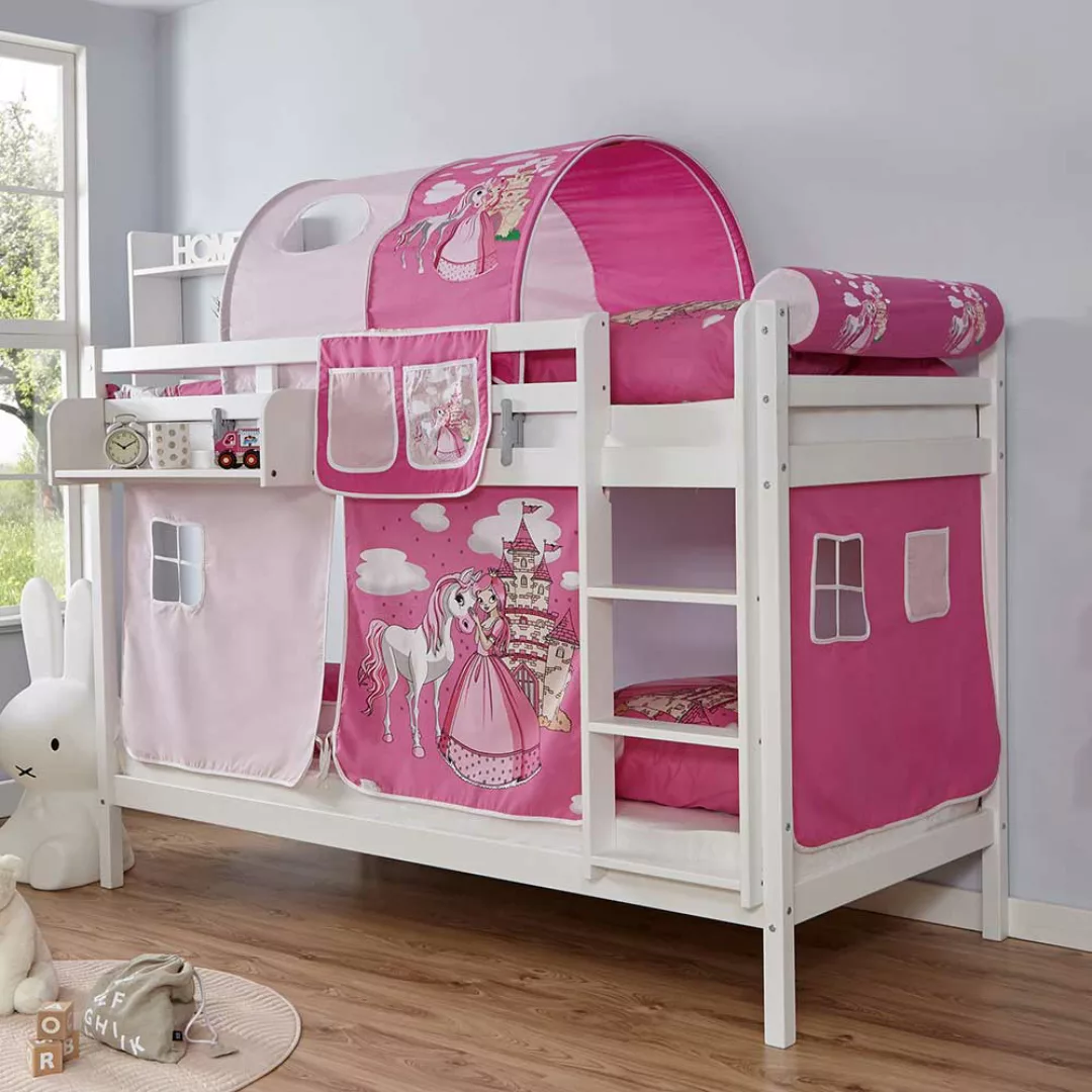 Etagenhochbett aus Buche Massivholz in Weiß Webstoff in Pink und Rosa günstig online kaufen