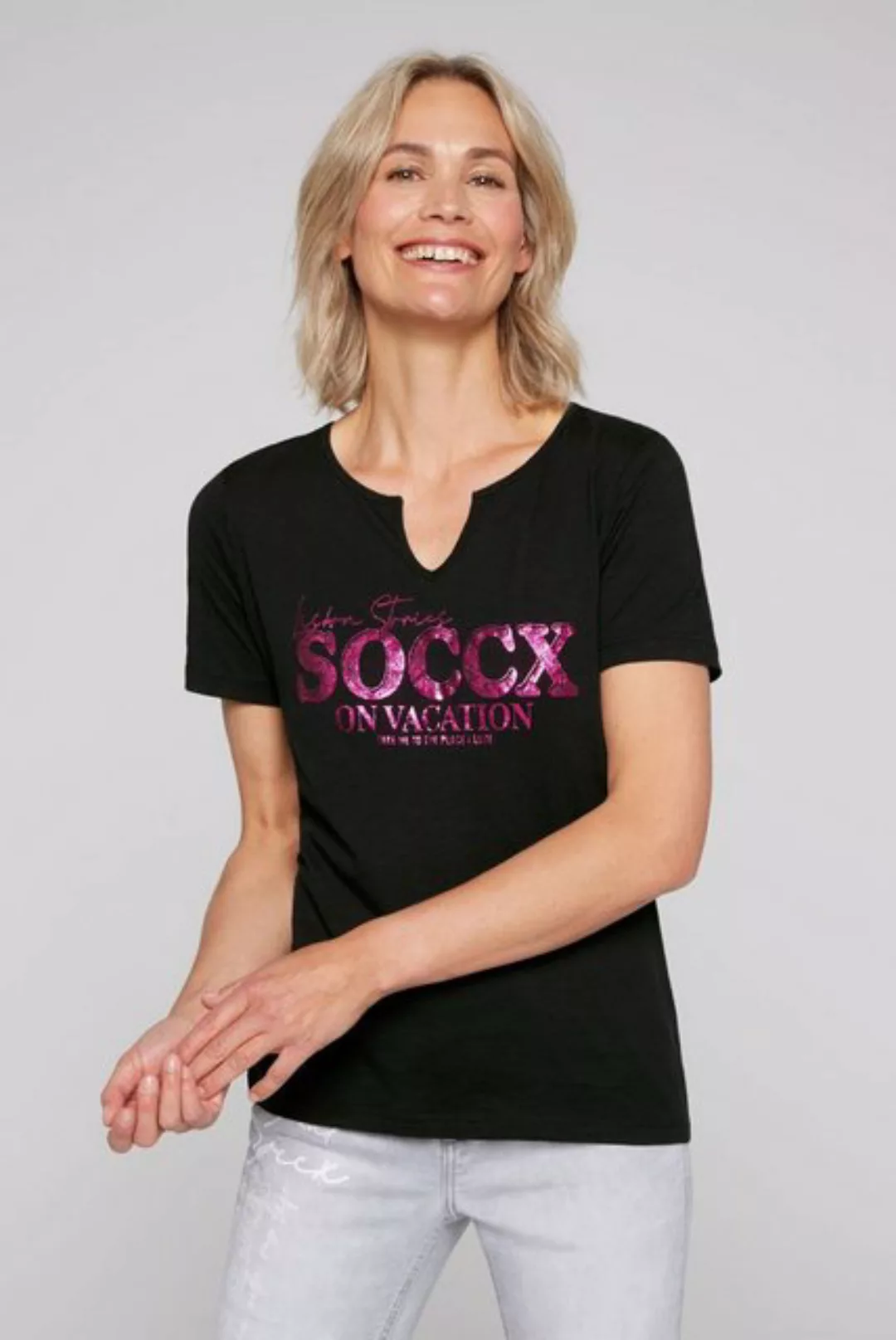 SOCCX Rundhalsshirt mit offenen Kanten am Saum günstig online kaufen