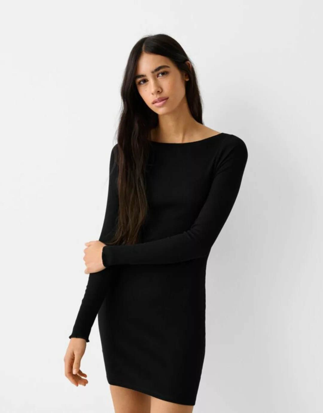 Bershka Minikleid Mit Langen Ärmeln, Bateau-Ausschnitt Und Patentmuster Dam günstig online kaufen