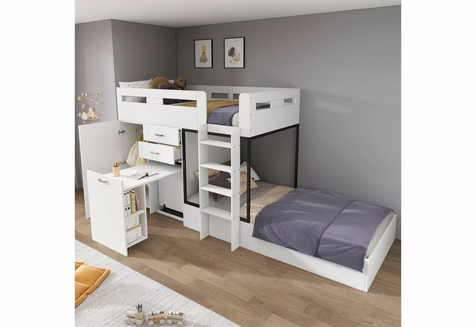 Flieks Etagenbett, Kinderbett 90x200cm mit ausziehbarem Tisch, Garderobe, g günstig online kaufen