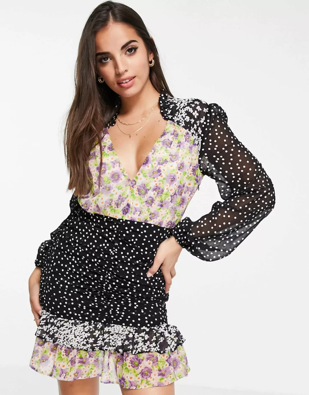 ASOS DESIGN – Weiches, langärmliges Minikleid mit Blumenmuster-Mix und gera günstig online kaufen