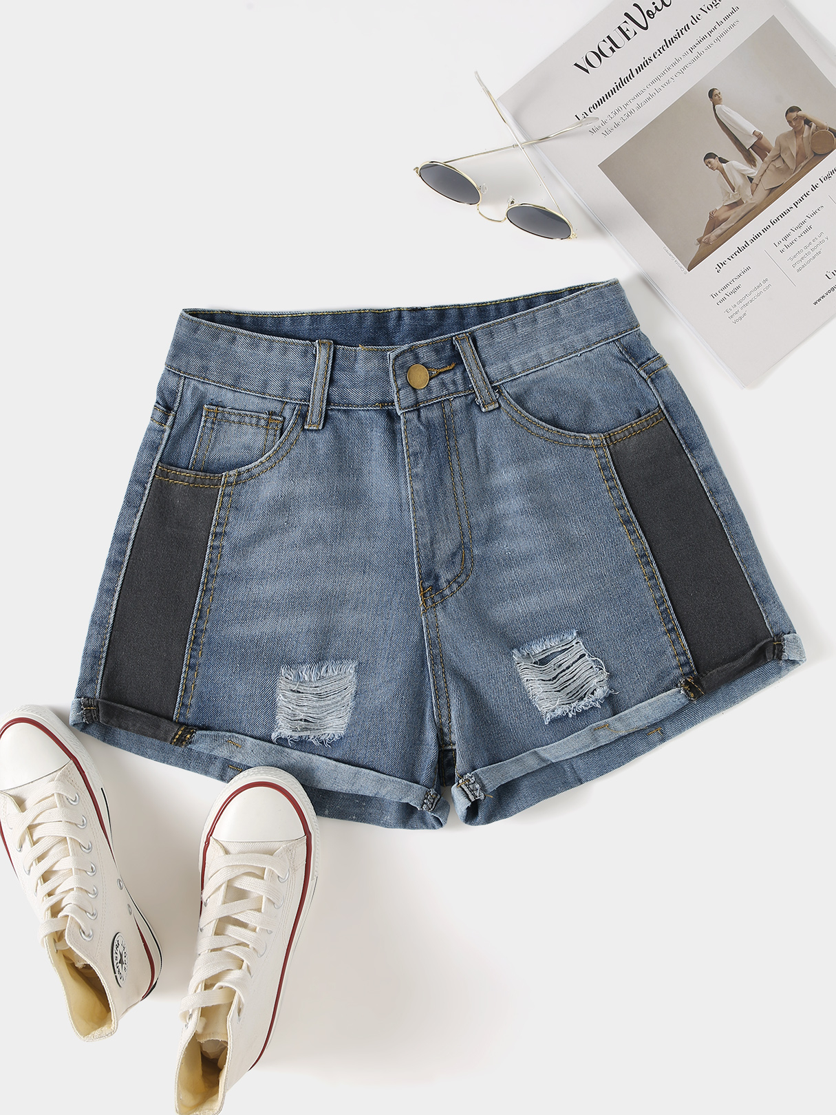 Color Block Random Ripped Denim Shorts günstig online kaufen