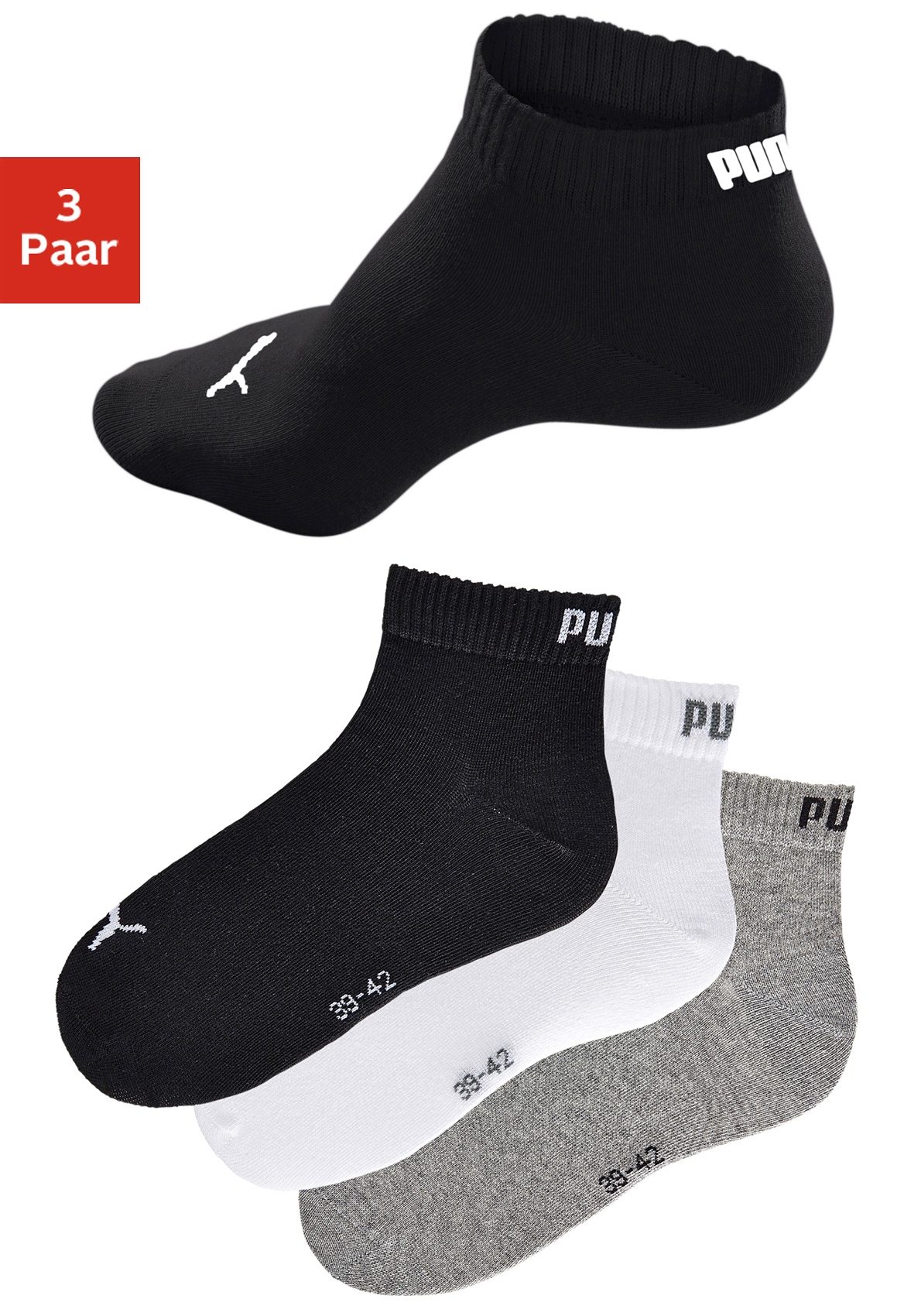 PUMA Unisex Socken, 3er Pack - Quarter, Sneaker Schwarz/Weiß/Grau 43-46 günstig online kaufen