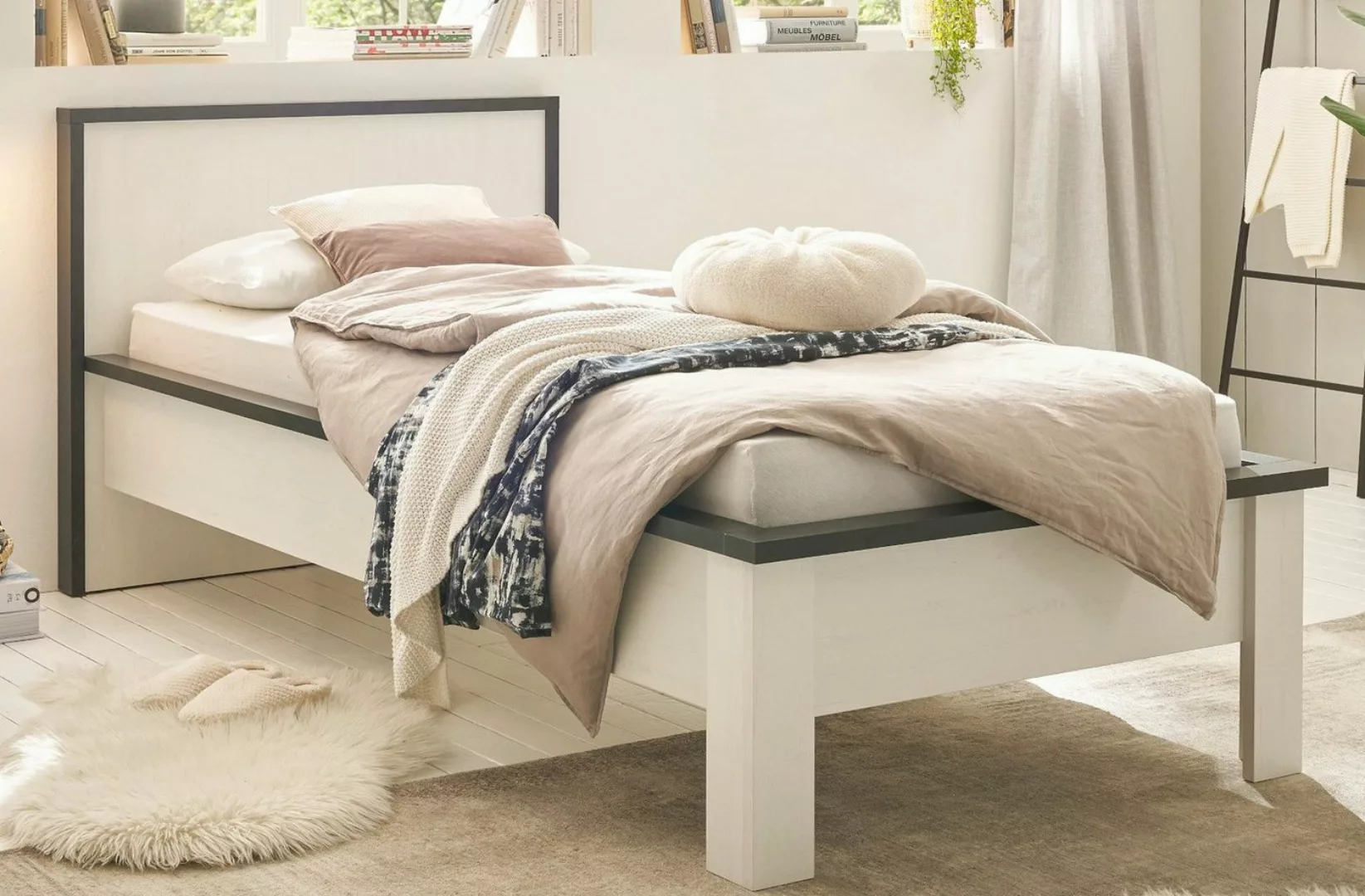 Furn.Design Einzelbett Stove (Bett in weiß und Anthrazit, Landhaus, Liegefl günstig online kaufen