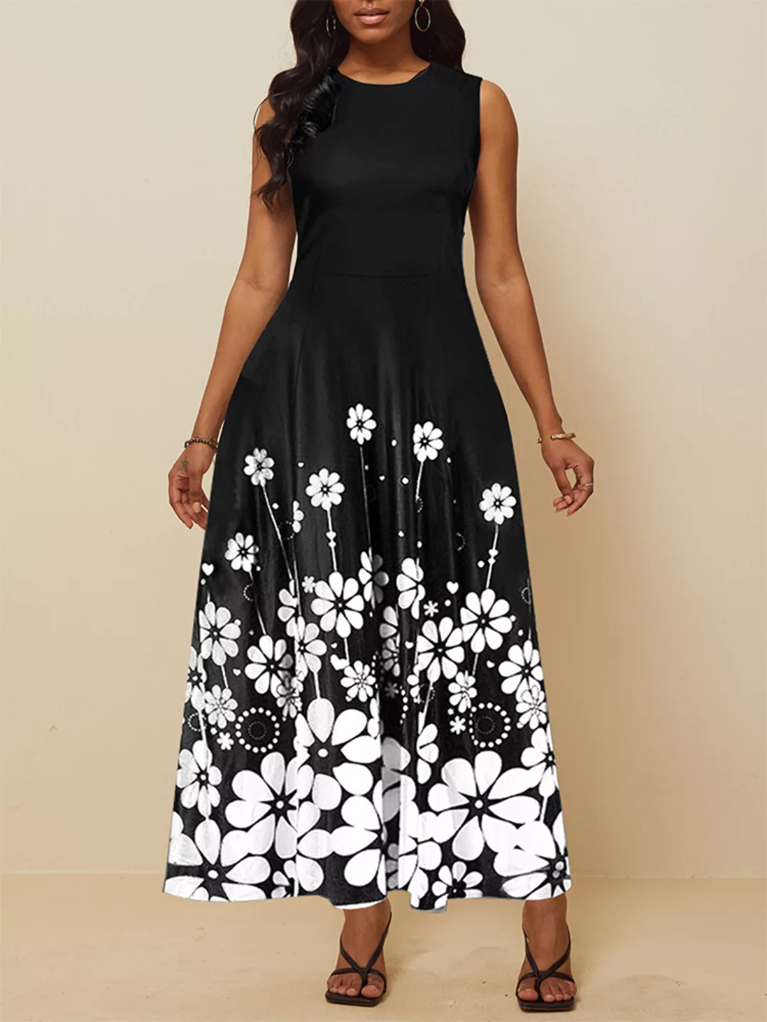 Ärmelloser Big Swing mit Blumendruck Kleid Damen Party Kleid günstig online kaufen