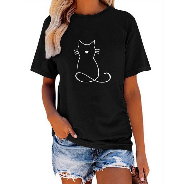 PYL Rundhalsshirt Damen Casual Katze Grafik Tees günstig online kaufen