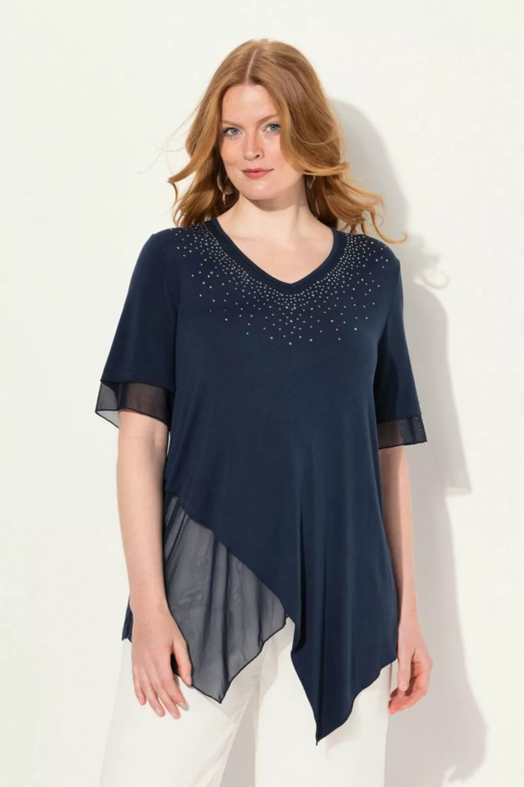 Ulla Popken Druckbluse Bluse Layering-Look Mesh/Jersey Zipfelsaum günstig online kaufen