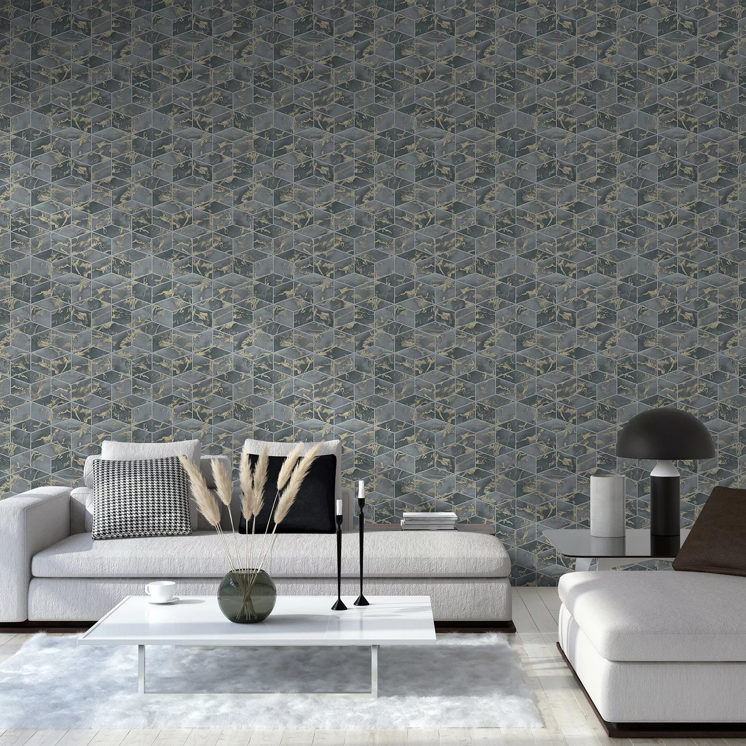 Bricoflor Rauten Vliestapete Blau Grau Gold Moderne Mosaik Tapete in Marmor günstig online kaufen