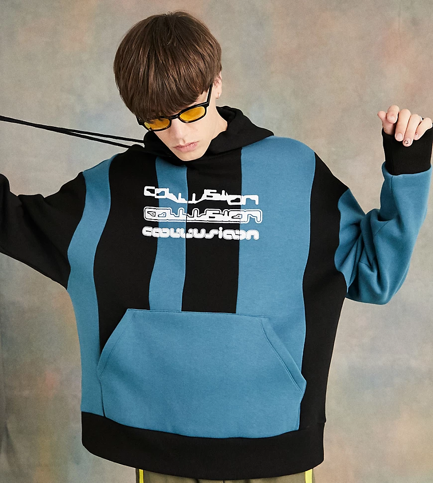 COLLUSION – Oversize-Kapuzenpullover mit gespleißtem Design und Print-Mehrf günstig online kaufen