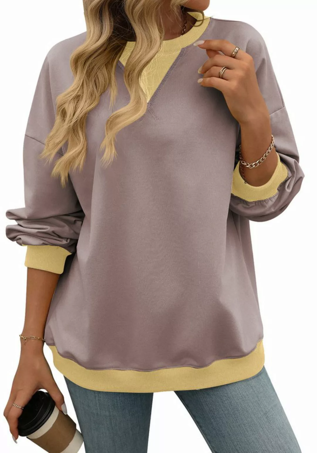 Zoclack Longsweatshirt Damen Farbblockierung Langarm Lässiges Oversized Swe günstig online kaufen