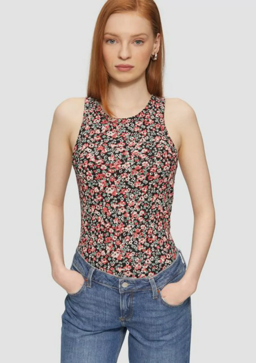 QS Shirttop Geripptes Tanktop mit All-over-Print Paspel günstig online kaufen