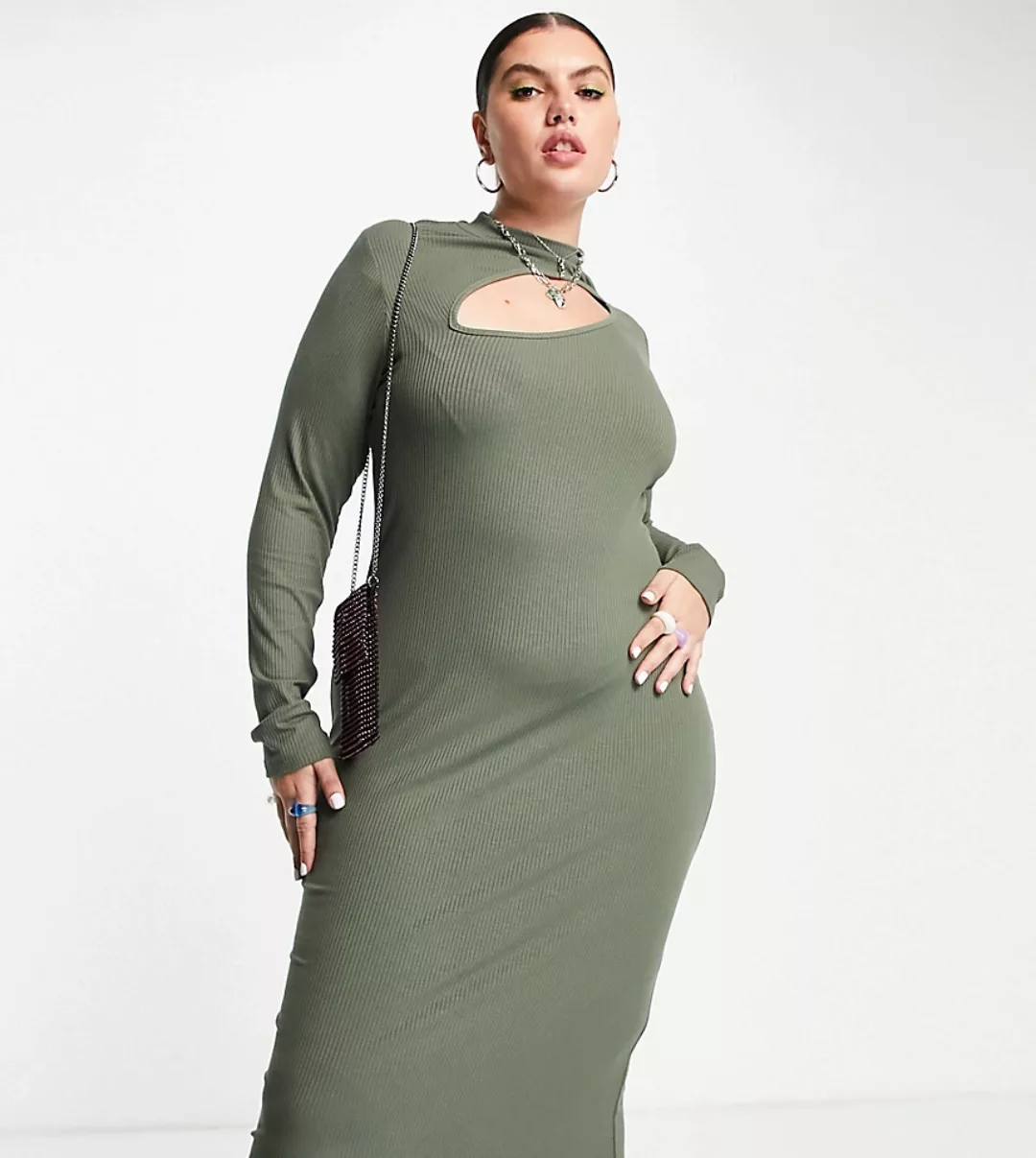 ASOS DESIGN Curve – Geripptes Kleid mit asymmetrischem Zierausschnitt und l günstig online kaufen