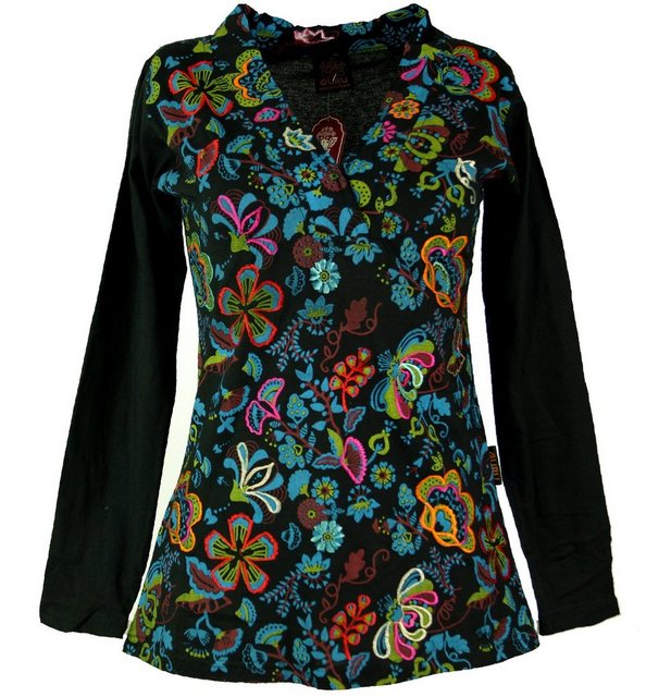 Guru-Shop Longsleeve Besticktes Langarmshirt mit V-Neck Flower Power.. alte günstig online kaufen