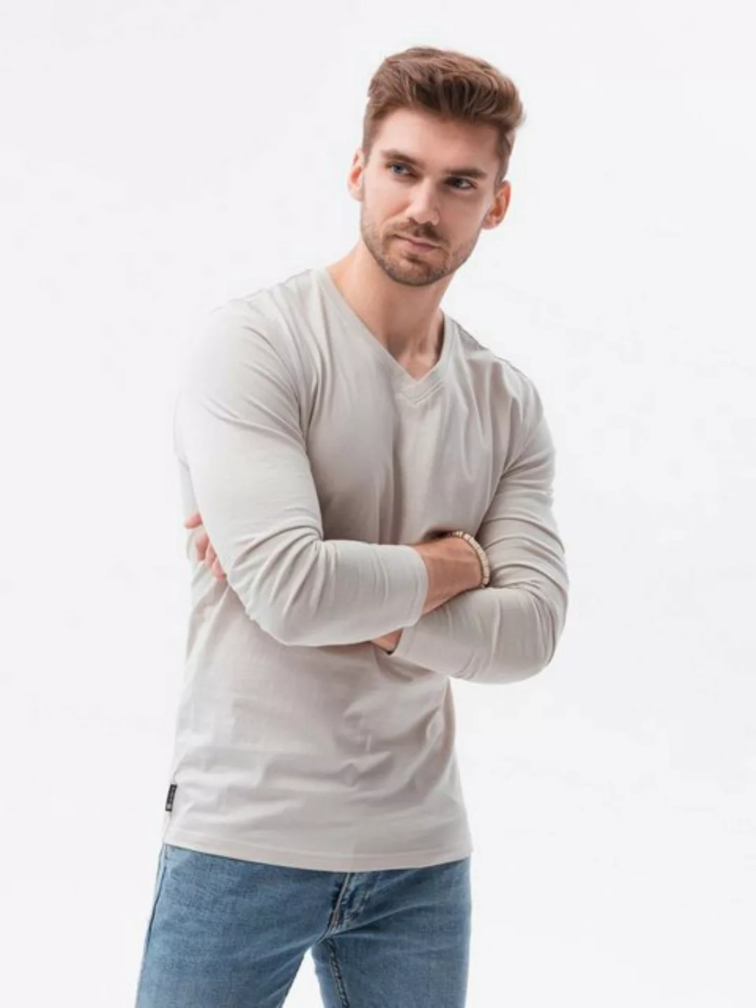 OMBRE Rundhalsshirt Ombre Herren Longsleeve einfarbig - hellbeige L136 S günstig online kaufen