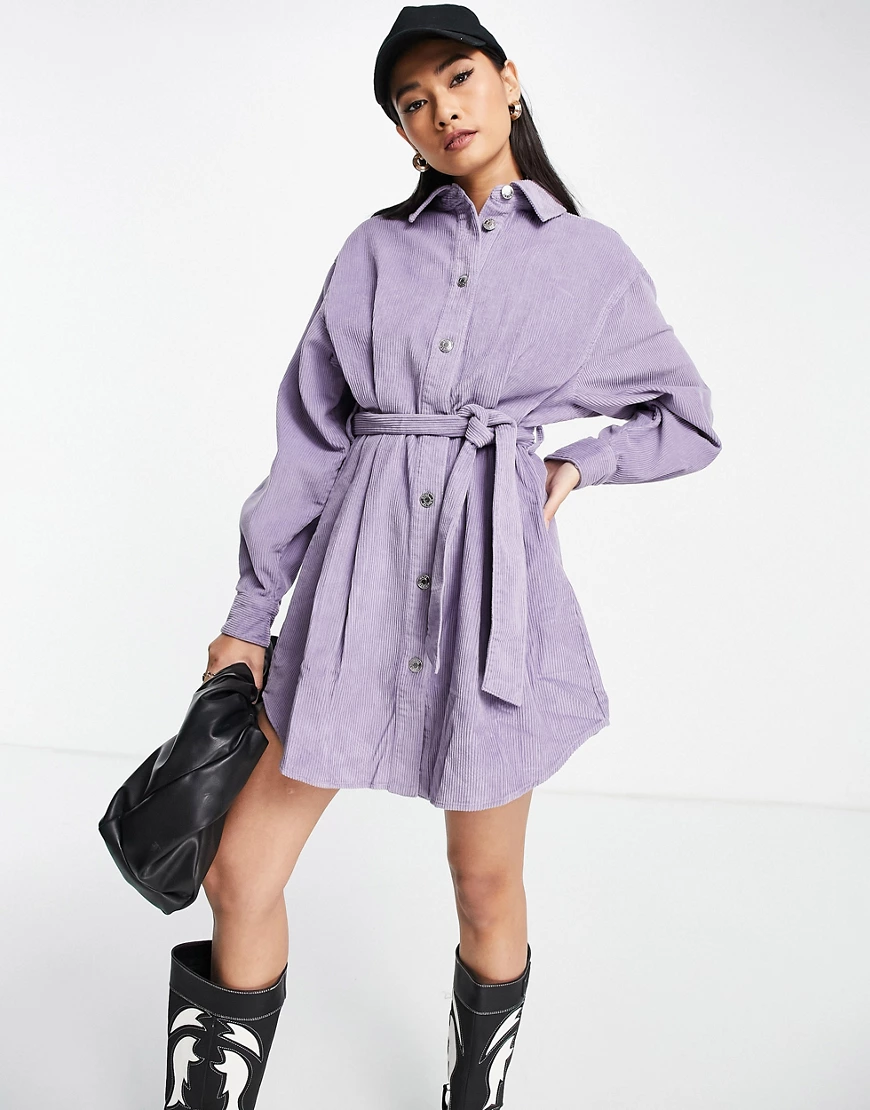 ASOS DESIGN – Oversize-Kleid aus Cord in Lavendel mit Gürtel-Lila günstig online kaufen
