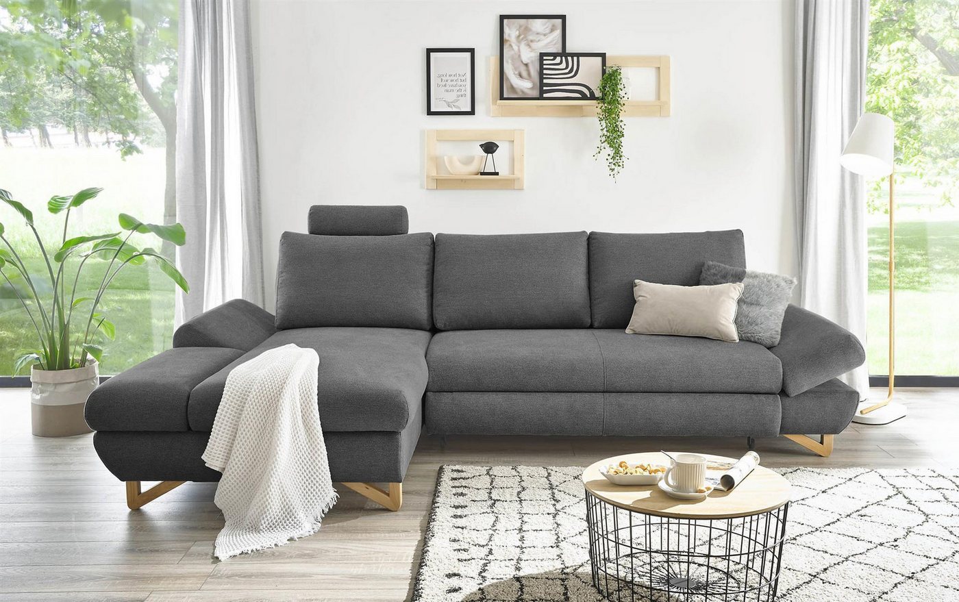 Design-Wohngalerie Sofa Ecksofa Halsta - Strukturstoff Anthrazit, Recamiere günstig online kaufen