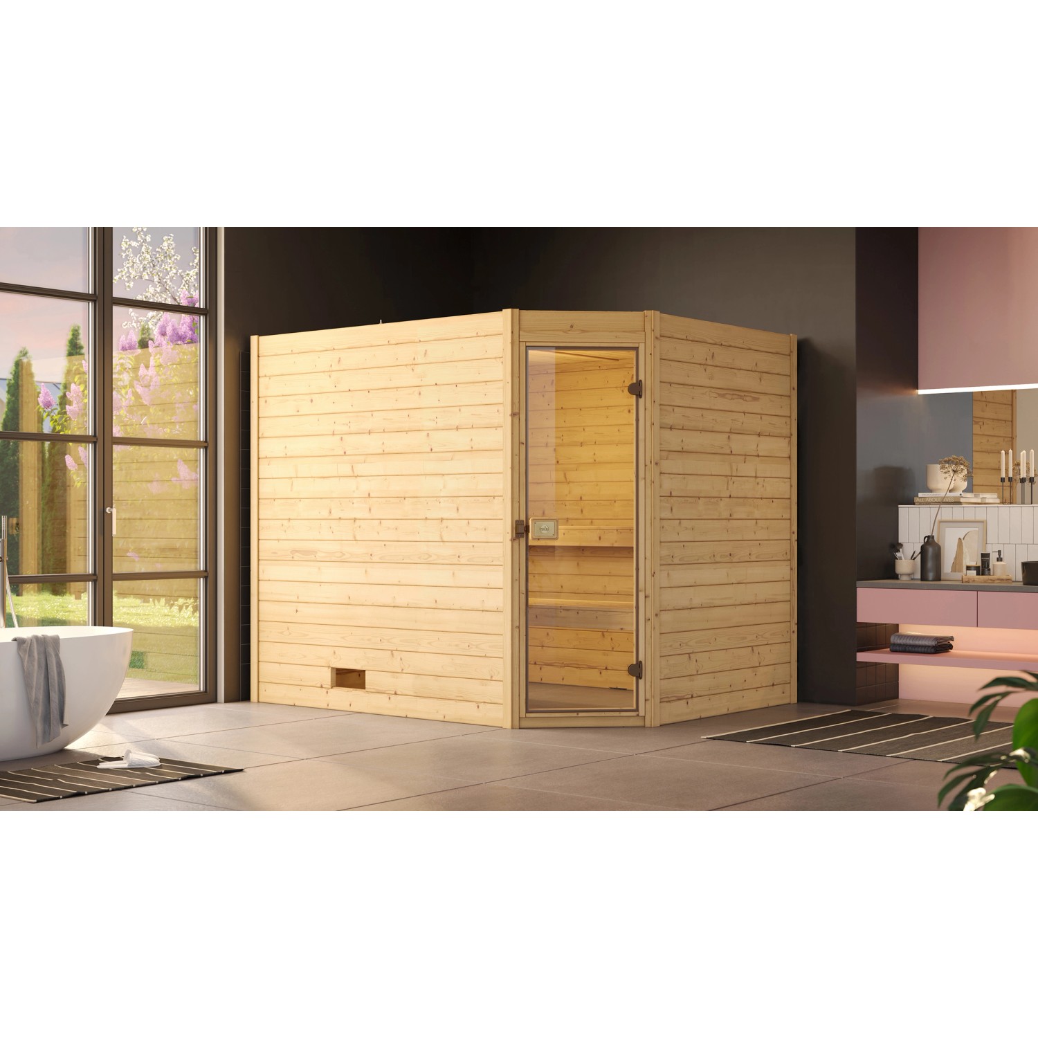 Weka Massivholzsauna Valida Eck 3 Sparset 7,5 kW BioS Glastür günstig online kaufen