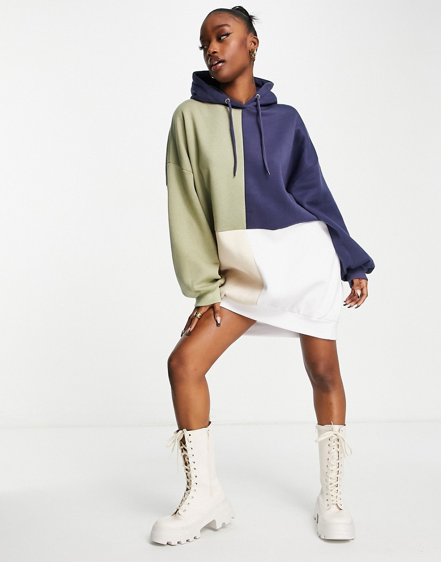 Missguided – Sweatshirtkleid in Marineblau mit Farbblockdesign und Kapuze günstig online kaufen