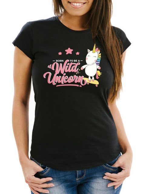 MoonWorks Print-Shirt Damen Einhorn T-Shirt Born to be a wild unicorn Einho günstig online kaufen