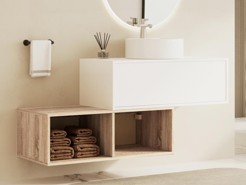 Waschbeckenunterschrank hängend mit rundem Waschbecken - 1 weiße Schublade günstig online kaufen