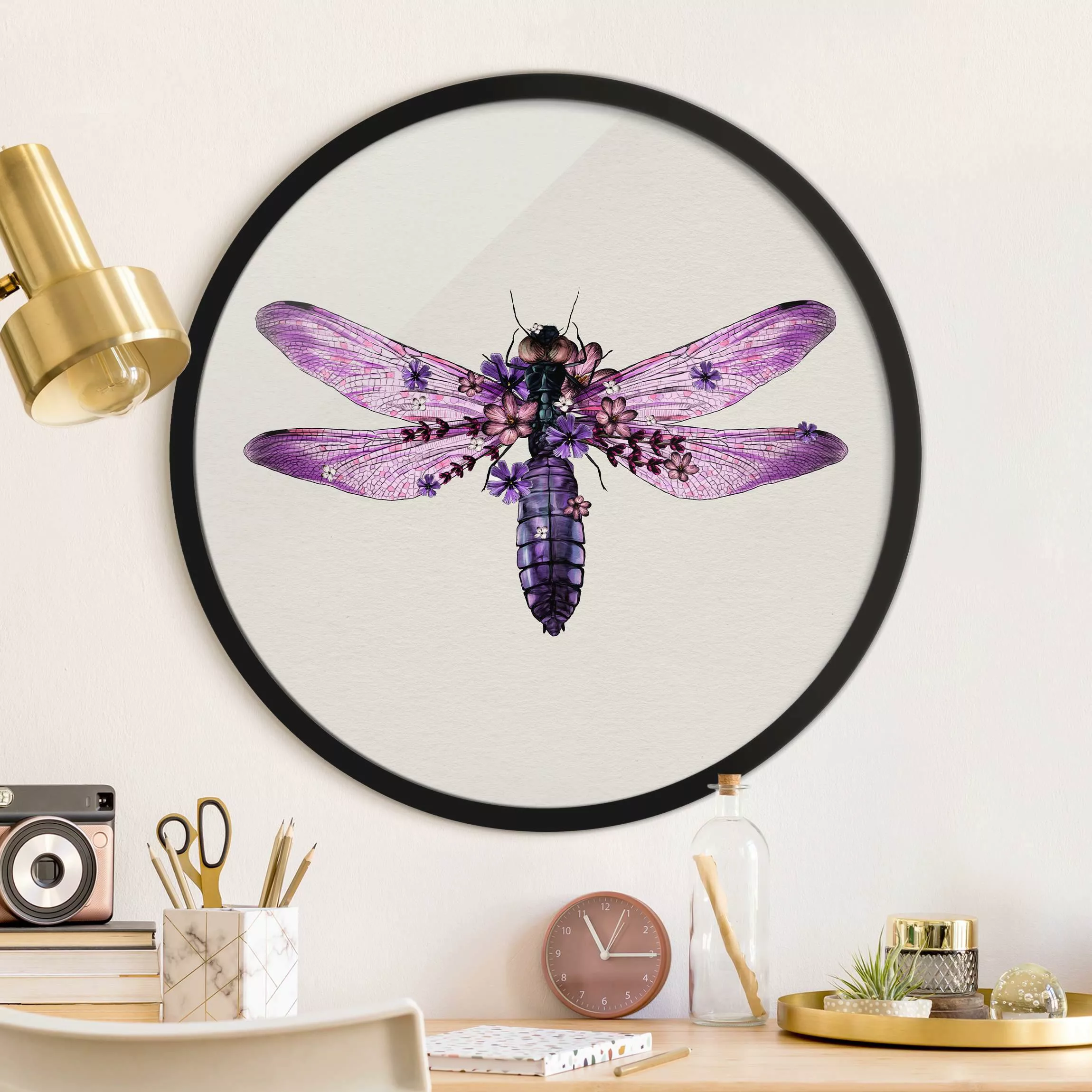 Rundes Gerahmtes Bild Illustration florale Libelle günstig online kaufen
