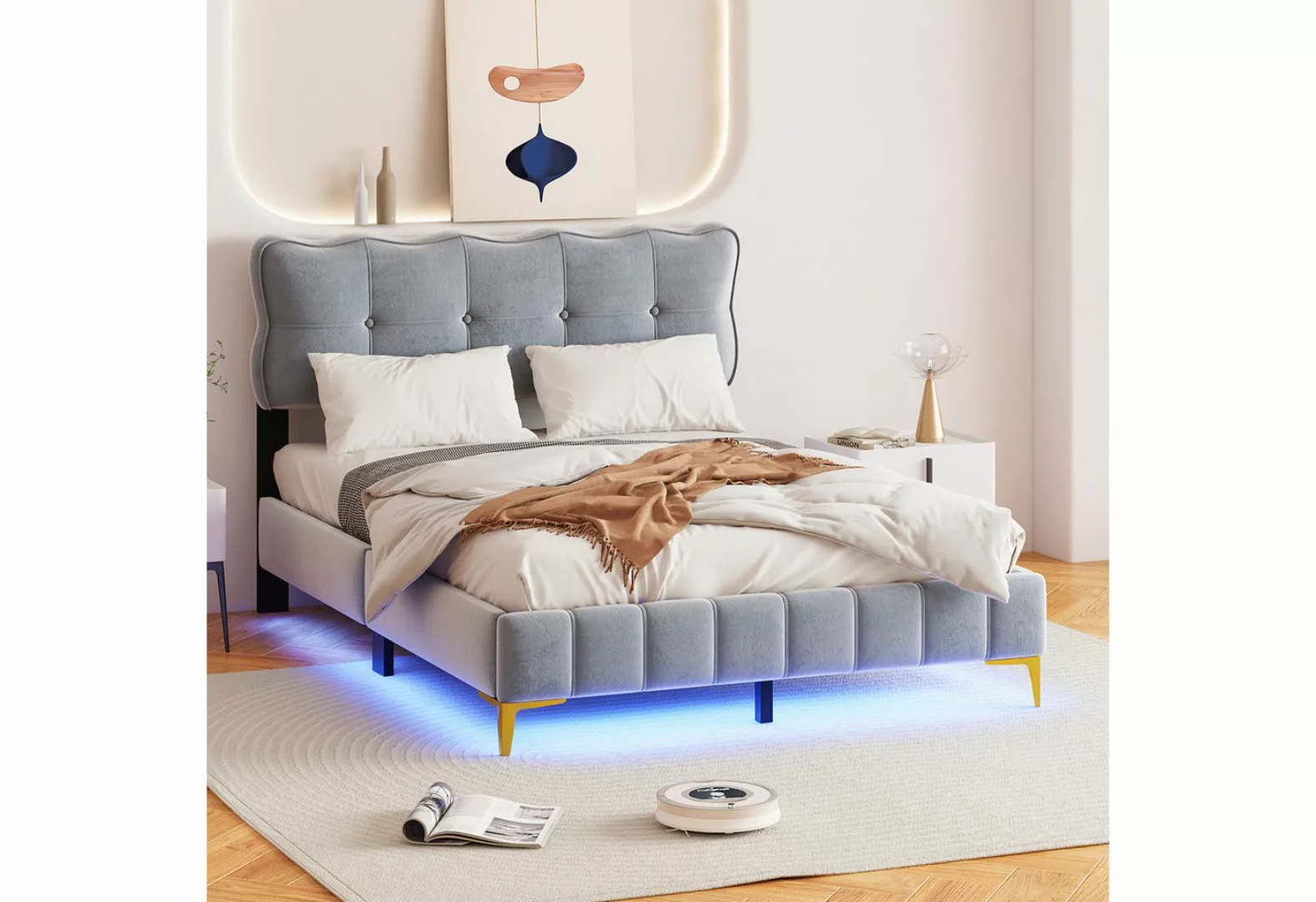 MODFU Polsterbett mit LED-Leuchten mit Rückenlehne, Samtstoff hohe Metallfü günstig online kaufen