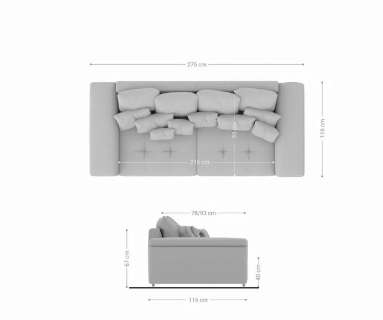 DELIFE Big-Sofa Navin, Grau 275x116 cm Sofa mit Kissen günstig online kaufen