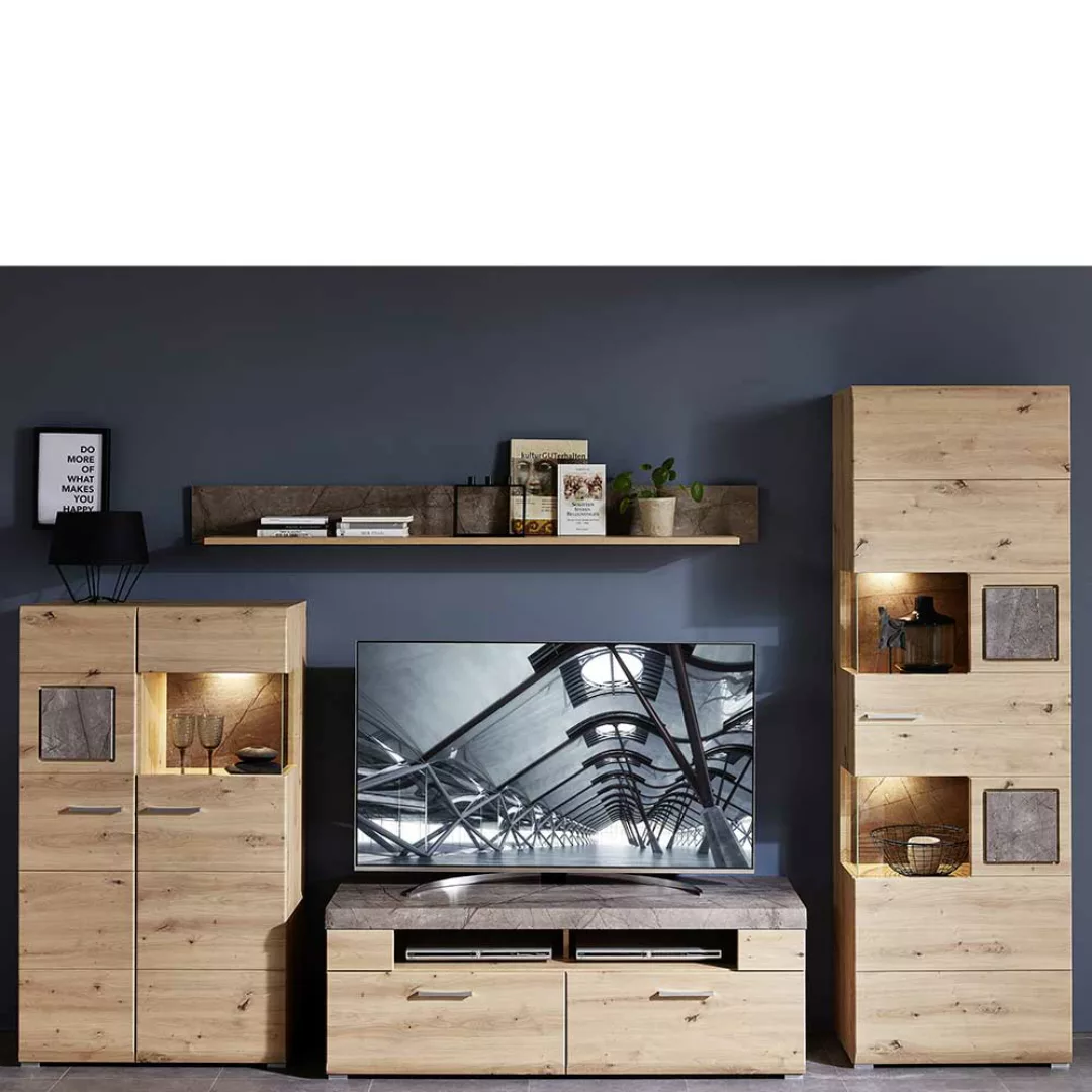 Fernseher Schrankwand in Graubraun und Wildeiche Optik LED Beleuchtung (vie günstig online kaufen