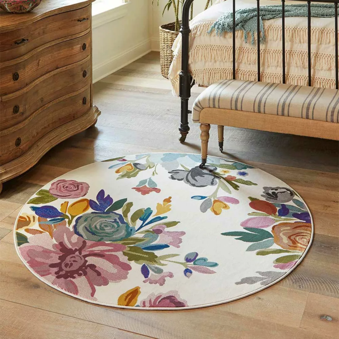 Bunter Kurzflor Teppich mit Blumen Motiv 160 cm Durchmesser günstig online kaufen