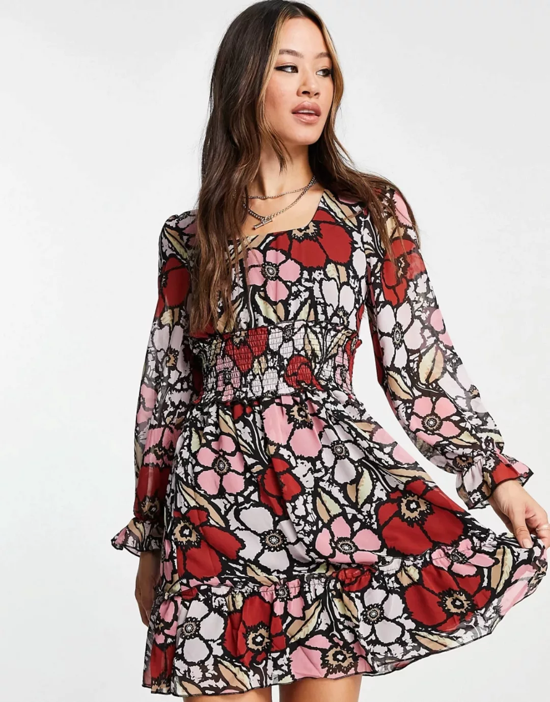 Only – Langärmliges Minikleid mit geraffter Taille und buntem Blumenmuster- günstig online kaufen