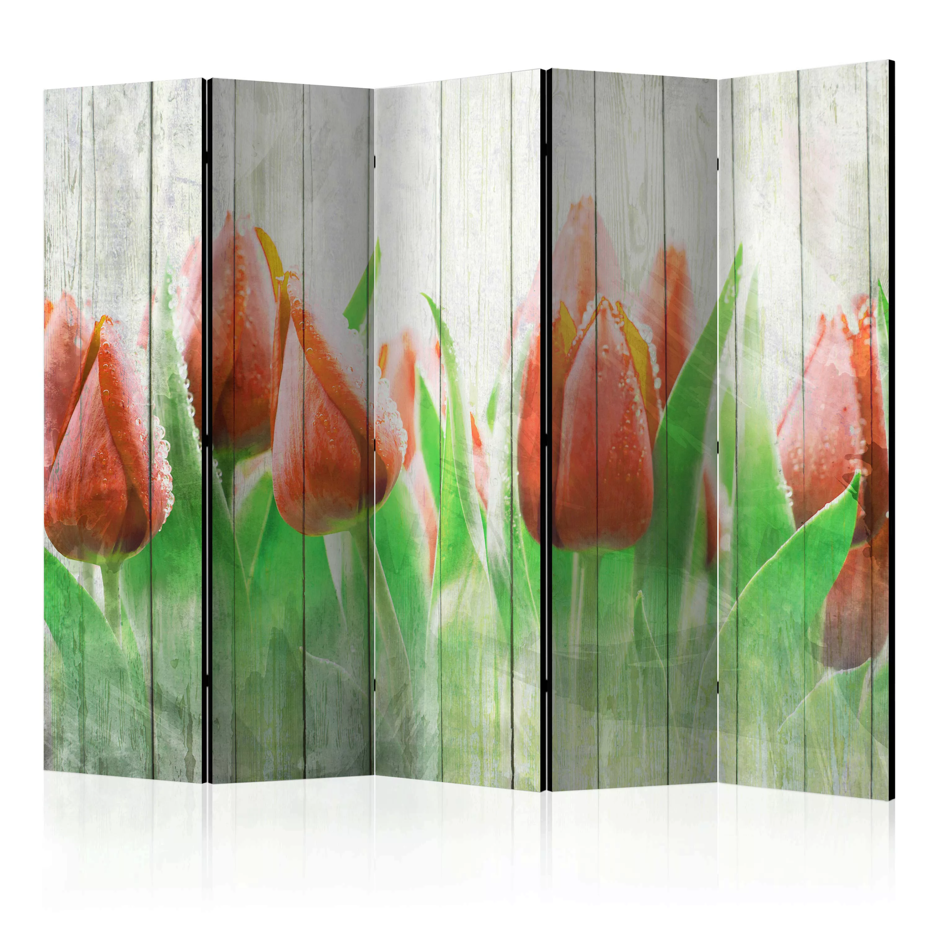 5-teiliges Paravent - Red Tulips On Wood Ii [room Dividers] günstig online kaufen