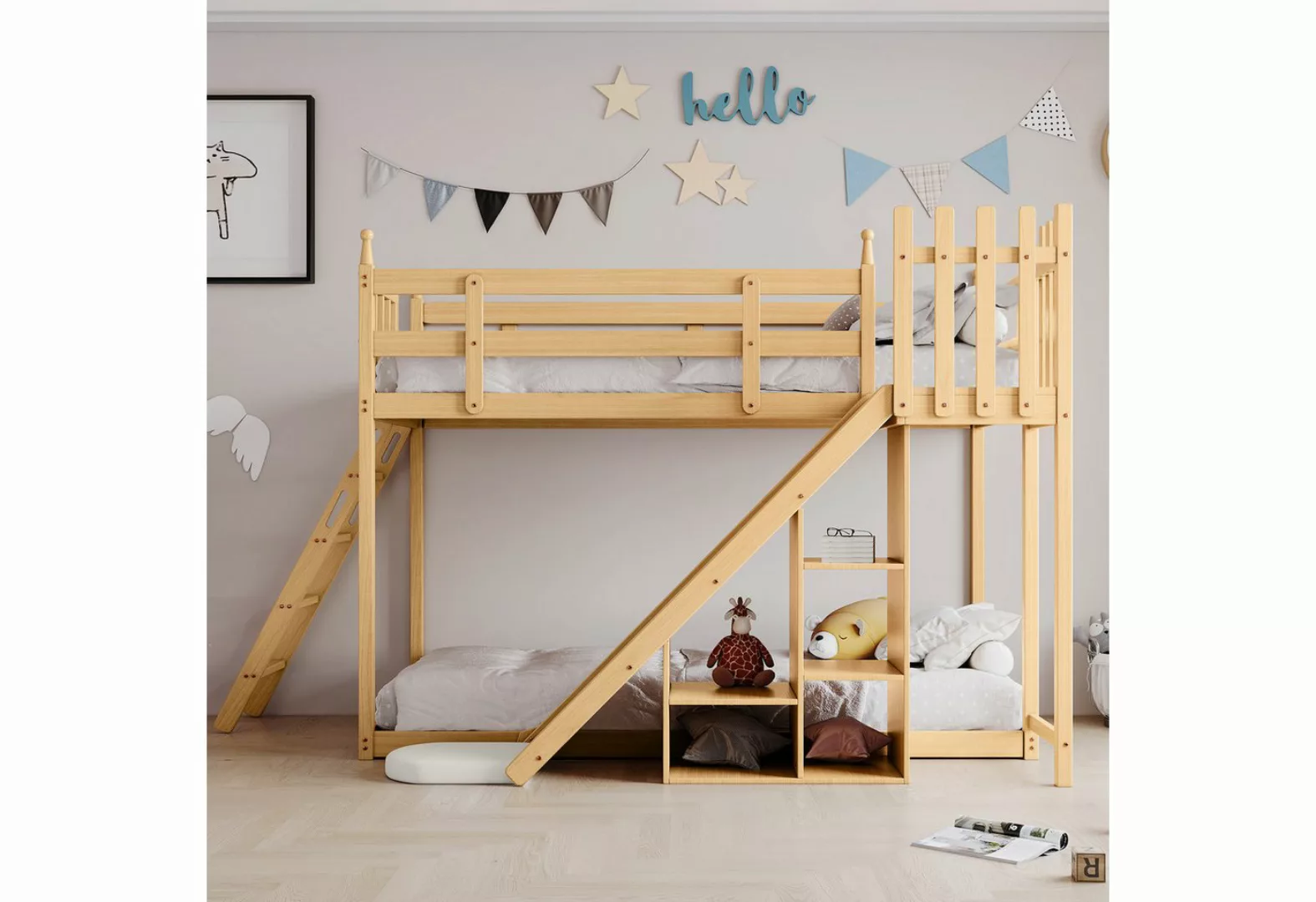 MODFU Bett Einzelbett Kinderbett Holzbett mit Treppe und Zäune (mit Bettvor günstig online kaufen