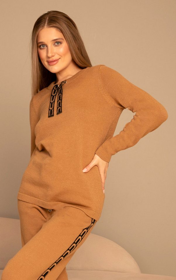 Passioni Strickpullover in Camel mit Zuglaschen mit grafischem Muster günstig online kaufen