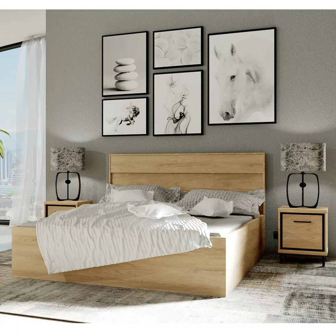 Doppelbett 140x200 cm mit 2 Nachttischen modern in Eiche MEGARA-161 günstig online kaufen