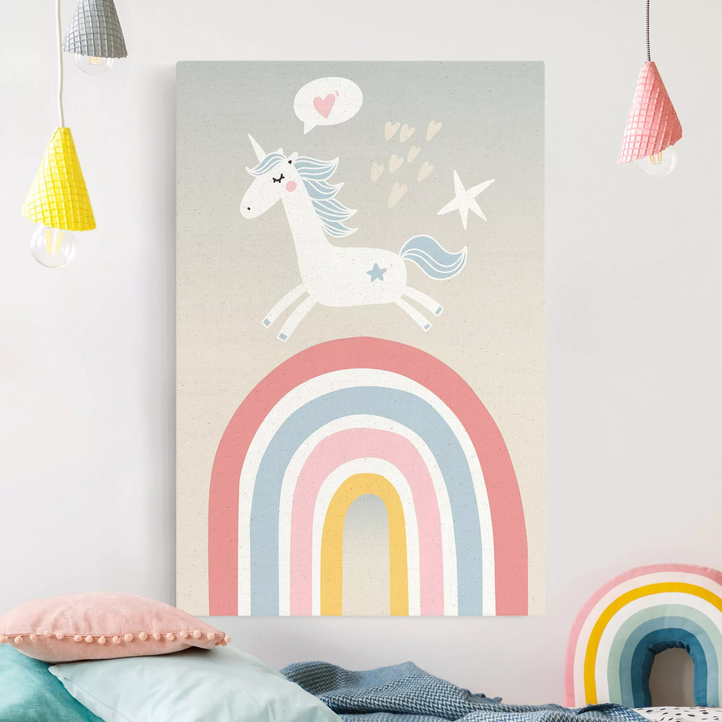 Leinwandbild auf Naturcanvas Einhorn auf Regenbogen in Pastell günstig online kaufen